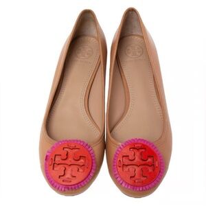 Tory Burch Miller Fringe Ballet Flats  Tan Pink Orange Size 6M